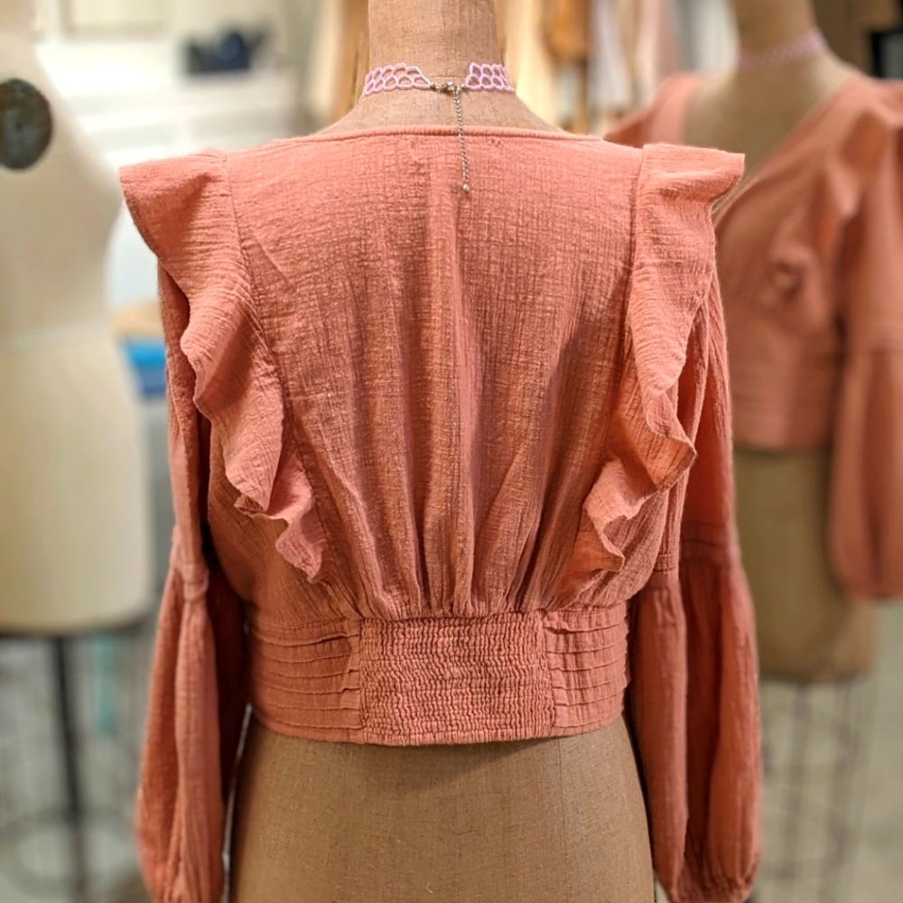 Primark Rust Coral Button-Front Ruffle Blouse - Picture 5 of 8